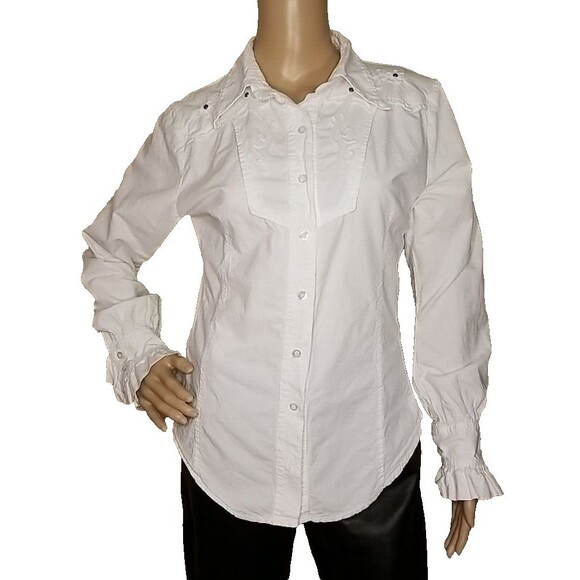 Scully Western White Shirt Top Womens Medium Embroidered  Studs Frill Cuff   T47 - Picture 1 of 10